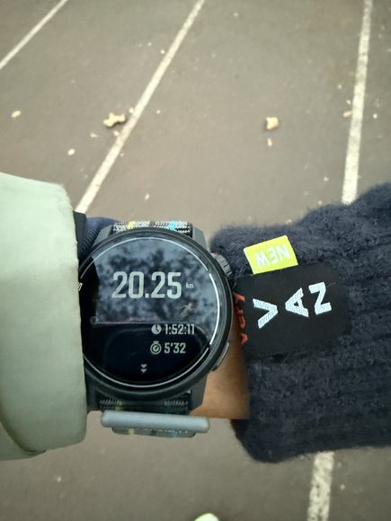 Running watch showing a 20.25 km run